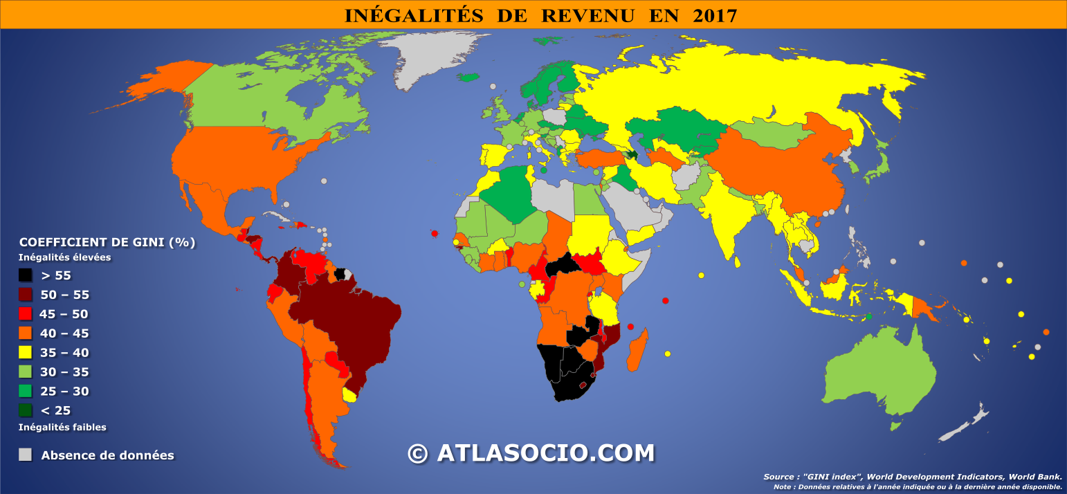 Carte du monde inégalités de revenu (coefficient de Gini)
