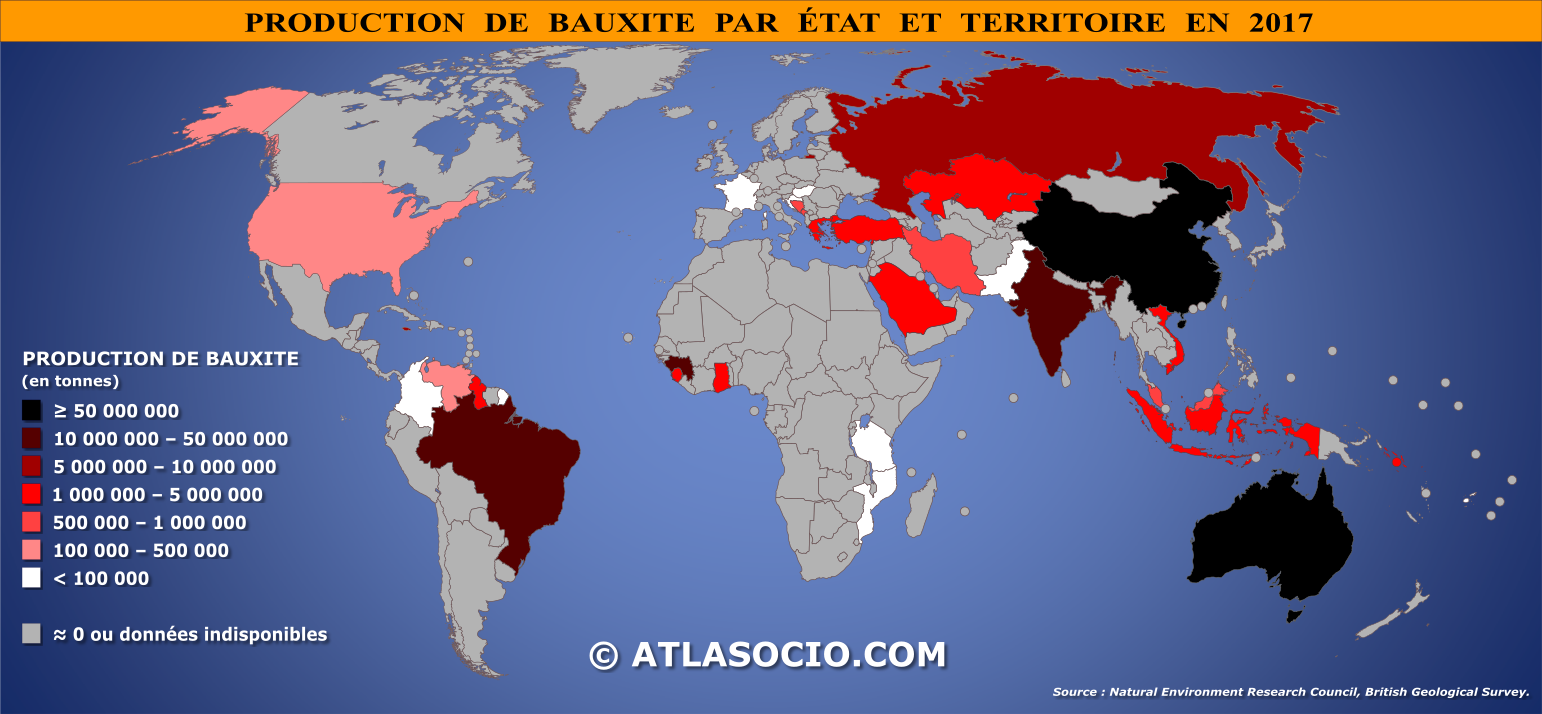 Carte du monde production de bauxite par État