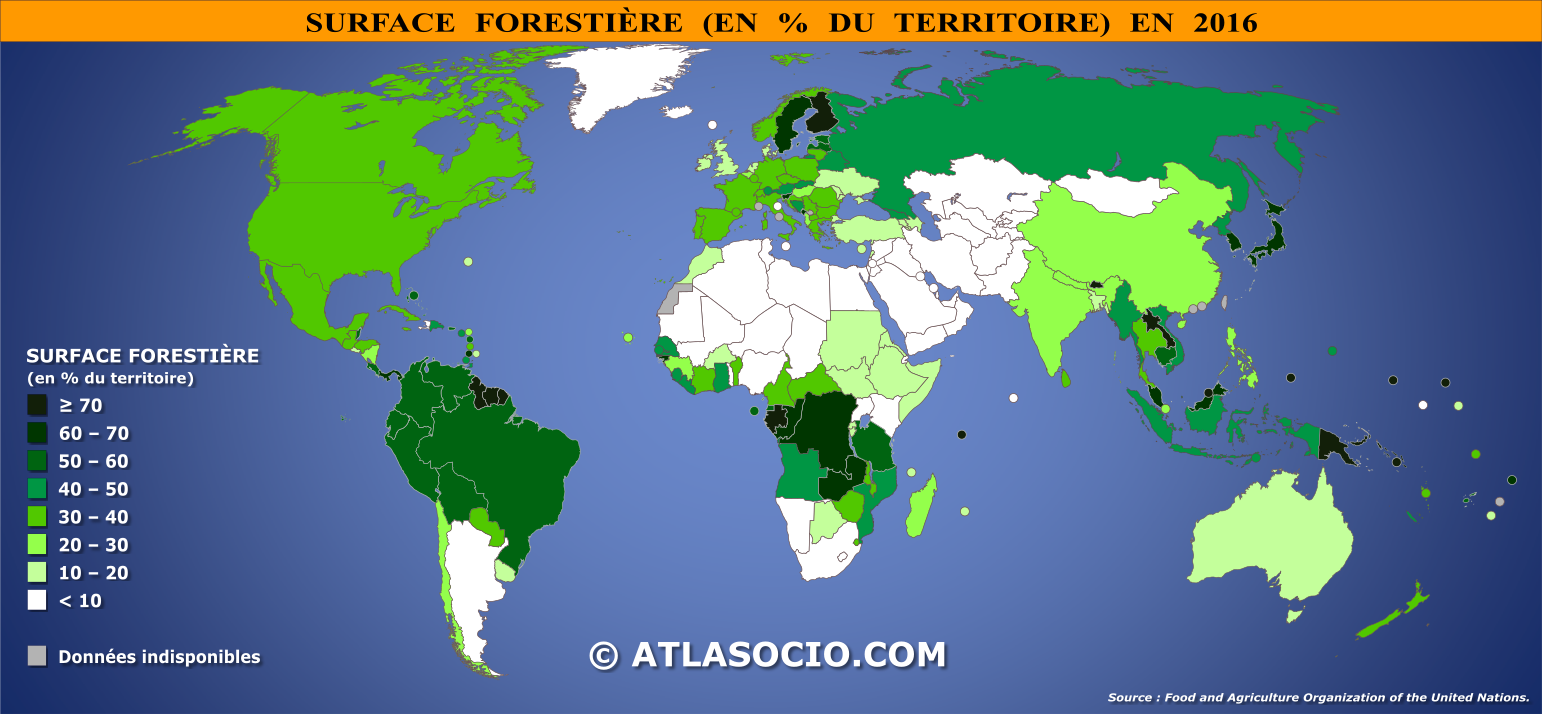 Carte du monde relative à la surface forestière par État (en % du territoire).