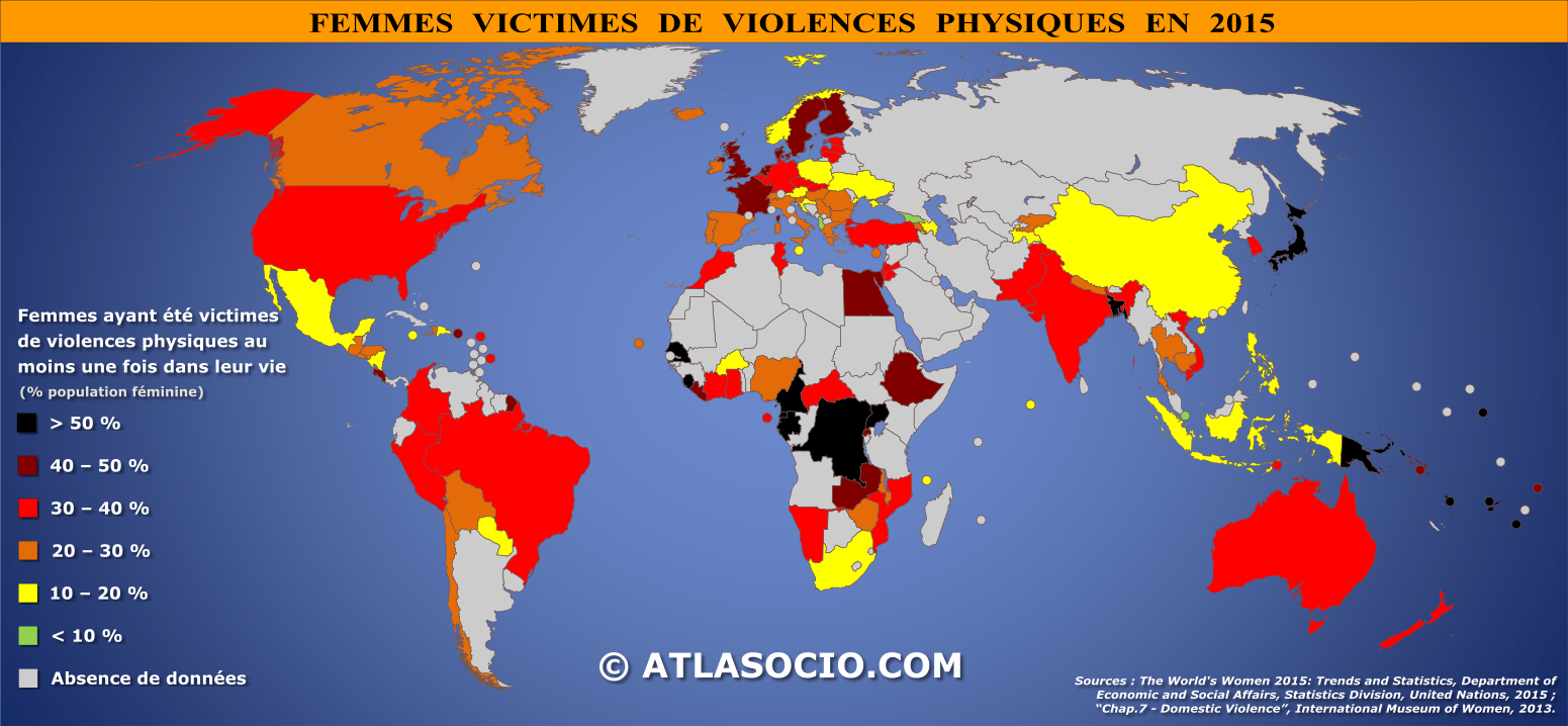 Carte des États du monde par femmes victimes de violences physiques (%) en 2015.