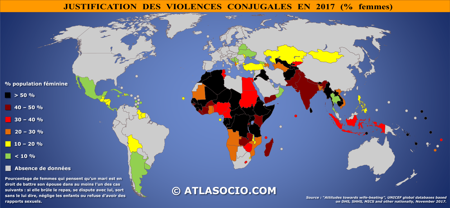 Carte de la justification des violences conjugales dans le monde en 2017 (% population féminine).