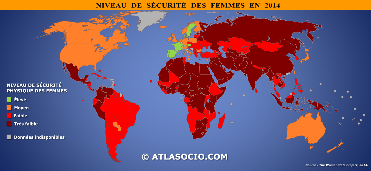 Niveau de sécurité des femmes dans le monde en 2014, selon WomanStats Project.